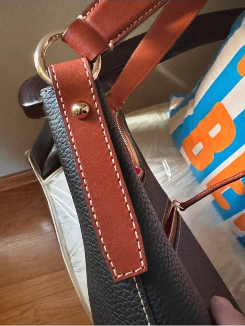 Dooney & Bourke Black Pebbled Leather Shoulder Bag with Brown Trim